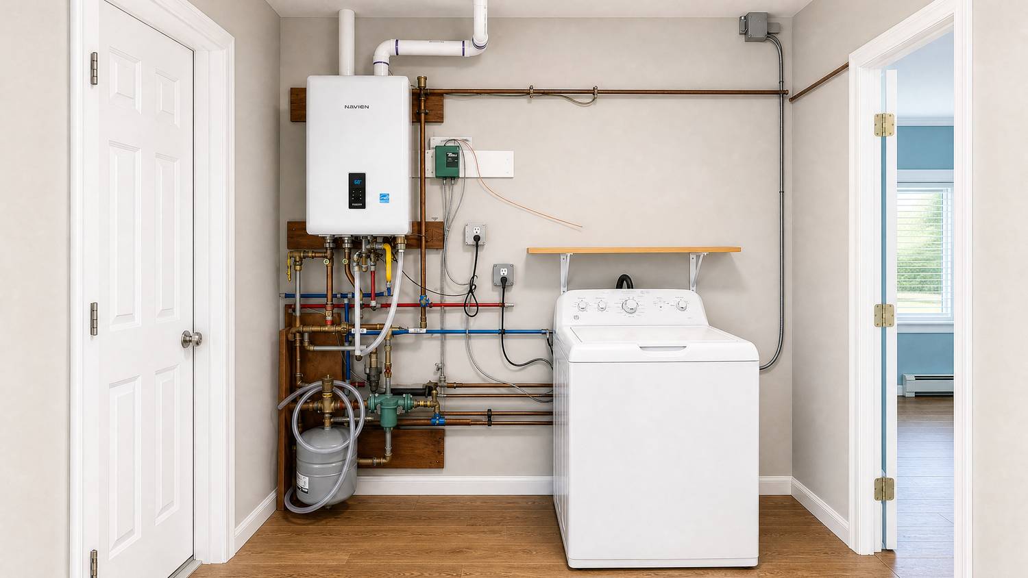 Utility room with tankless water heater